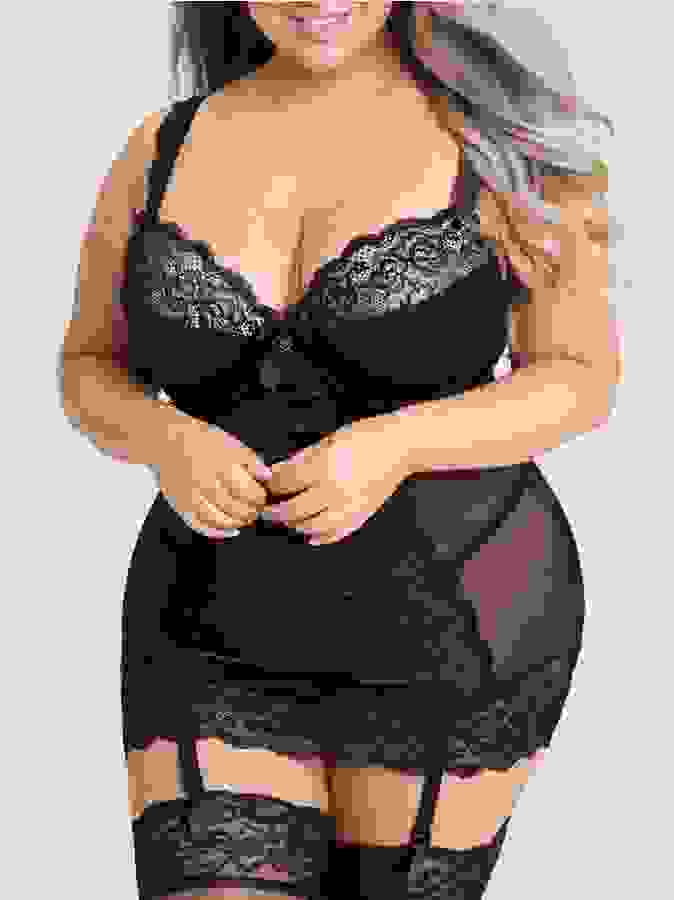 Lovehoney Plus Size Treasure Me Black Underwired Plunge Chemise Set, Black, hi-res